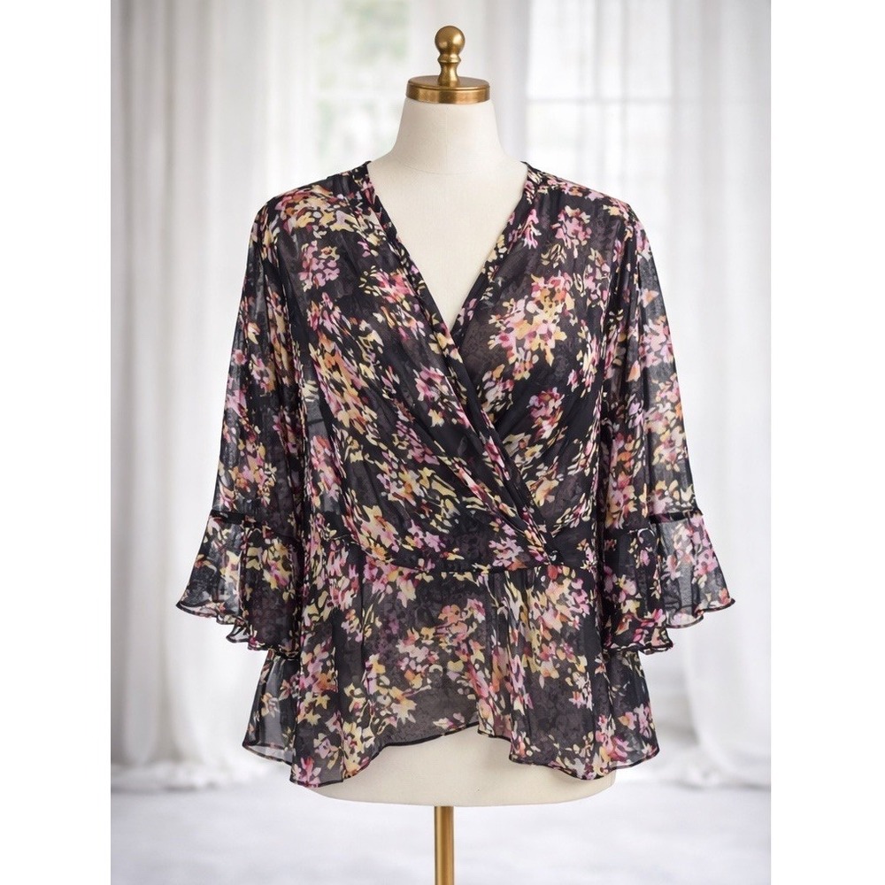 Jones New York Collection Wrap Top Blouse 100% Silk Pink Multi Floral Size‎ 24W
